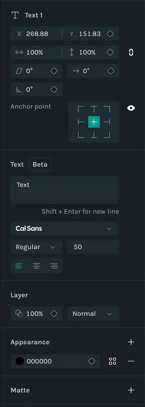 Text properties panel