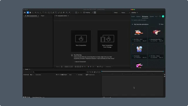 After Effects plugin Workspace tab showing folders and animation file cards in a project