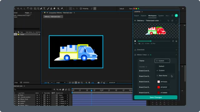 After Effects Workspace Motion Token theme menu showing Default, an existing Custom theme, and New theme