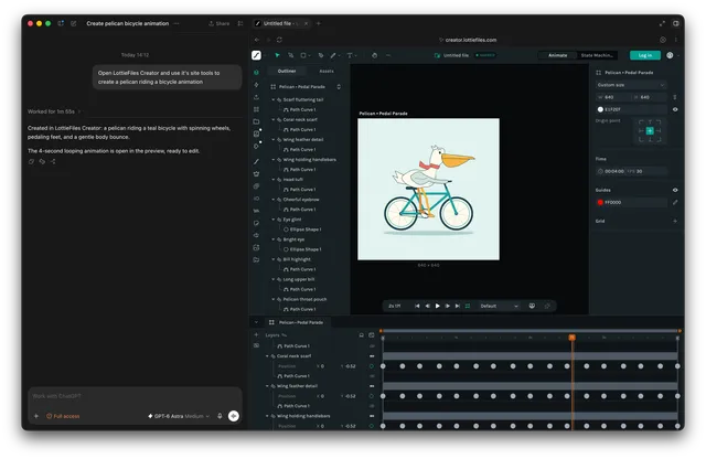 ChatGPT beside Lottie Creator showing a pelican riding a bicycle, editable layers, timeline keyframes, and the WebMCP indicator