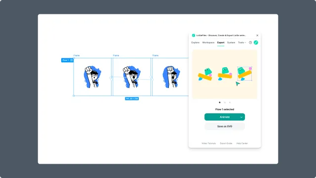 Connected Figma prototype frames with the LottieFiles plugin previewing a prototype flow export