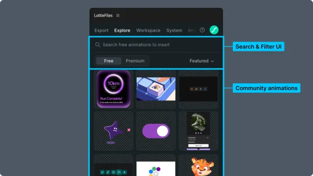Explore panel showing the Free tab, source menu, and public animation grid