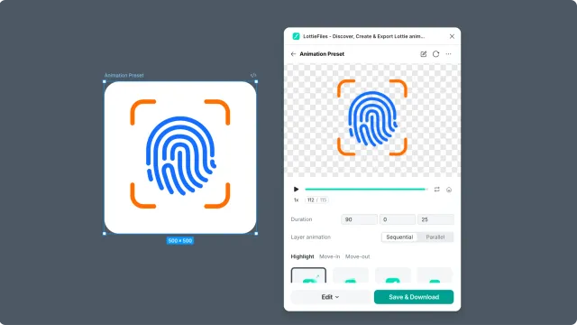 Figma to Lottie preset workflow with a selected frame and preset preview controls