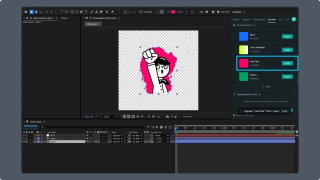 After Effects with the LottieFiles System tab open, showing Motion System color items next to a selected composition