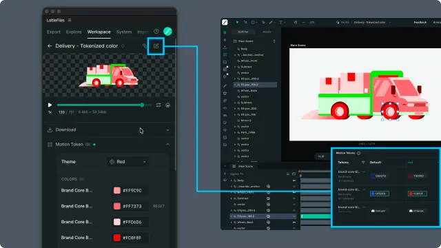 A tokenized Workspace animation in the After Effects plugin connected to the same file's Motion Tokens table in Lottie Creator