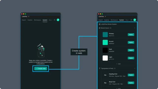 After Effects Motion System empty state with Create new connected to a populated Motion System after web creation