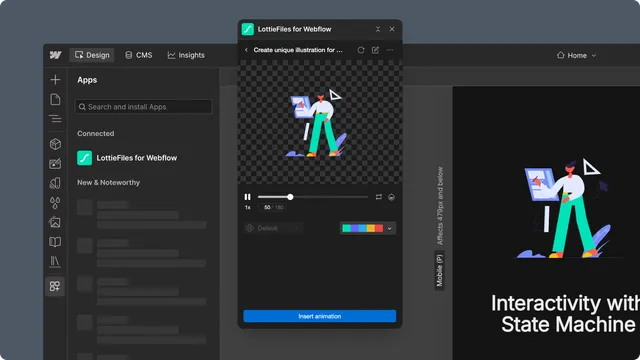 LottieFiles open in Webflow with an inserted animation selected