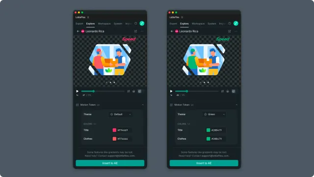 Two After Effects Explore previews showing the same tokenized animation with its Default and Green themes