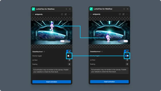 Webflow state machine preview with the gravity input switched off and on