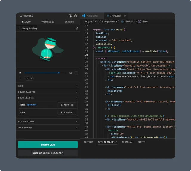 LottieFiles extension open beside a code editor with an animation preview and download controls
