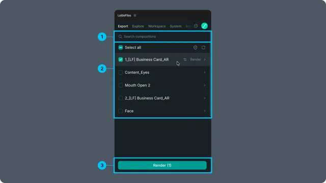 Export tab showing search, composition rows, per-row render controls, and the bottom Render button