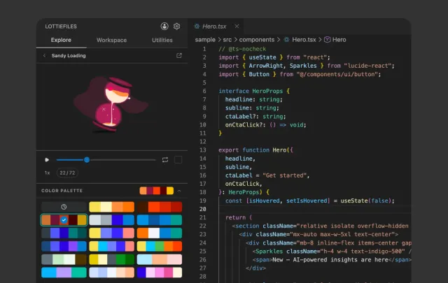 Animation preview and color palette customization inside the LottieFiles VS Code extension