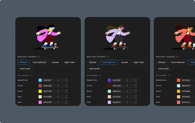 Lottie preview with a motion-token panel for switching and editing theme values