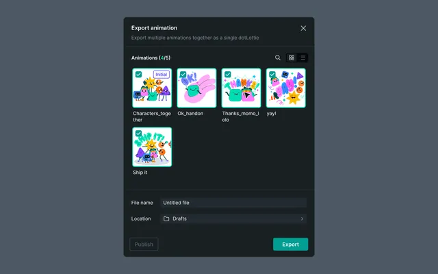 Export animation dialog with multiple animations selected for a single dotLottie