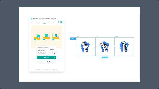 Figma canvas with multiple selected frames and the LottieFiles Export panel open