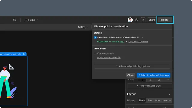 Webflow staging and production publish options