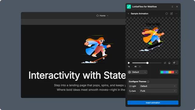 Webflow theme preview with Default, Light, and Dark theme settings