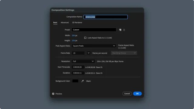 Composition Settings modal in the After Effects plugin showing name, size, frame range, and export options
