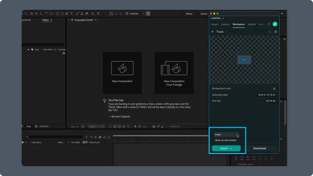 After Effects with an AEP source file open in Workspace and the Insert menu showing Insert and Open as new project
