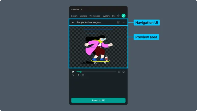 Import tab after pasted Lottie data is loaded, with the preview player and Insert to AE action