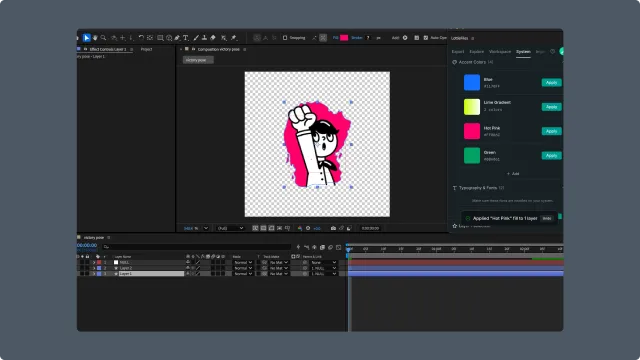 After Effects with the LottieFiles Motion System tab showing color tokens and apply actions