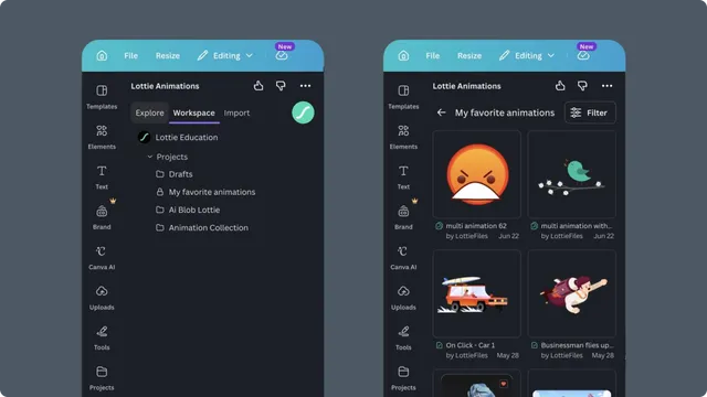Workspace assets available in the Canva app