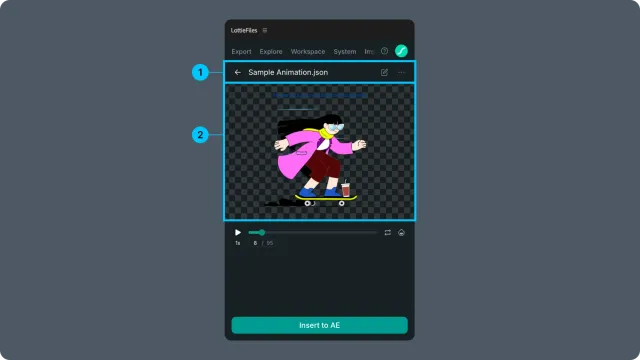 Import tab after a Lottie file is loaded, with the file header, preview player, and Insert to AE button highlighted