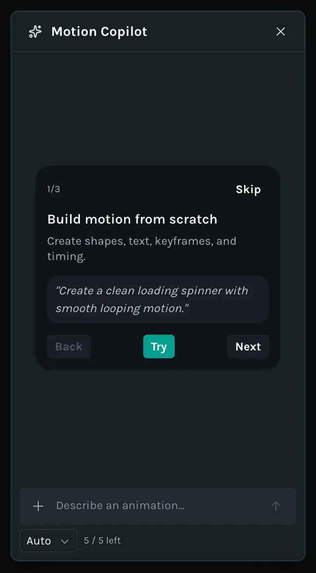 Motion Copilot showing the Build motion from scratch introduction and animation prompt field