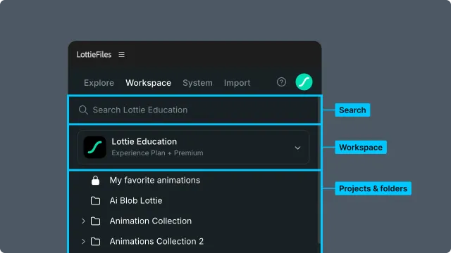Workspace panel landing view with search, workspace selector, and project and folder navigation highlighted