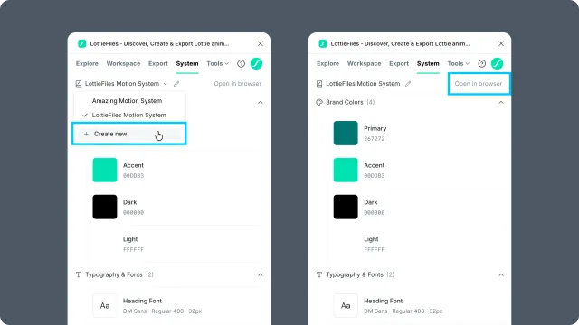 Figma Motion System tab showing the system selector with Create new and the Open in browser action