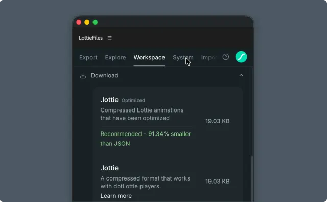 After Effects plugin Download accordion showing dotLottie and JSON download variants with file sizes