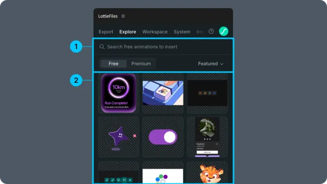 Explore panel with the search and tab controls and animation grid highlighted