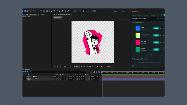 After Effects Motion System tab in edit mode with Discard and Publish actions above editable color items