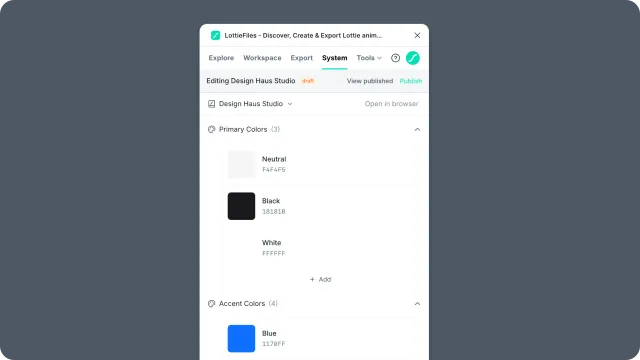Figma plugin Motion System editor showing color tokens, add controls, and section items