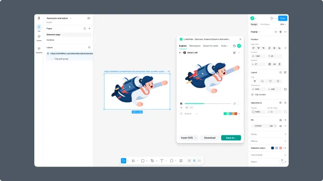 Figma canvas with an inserted Lottie animation and the Explore preview panel open