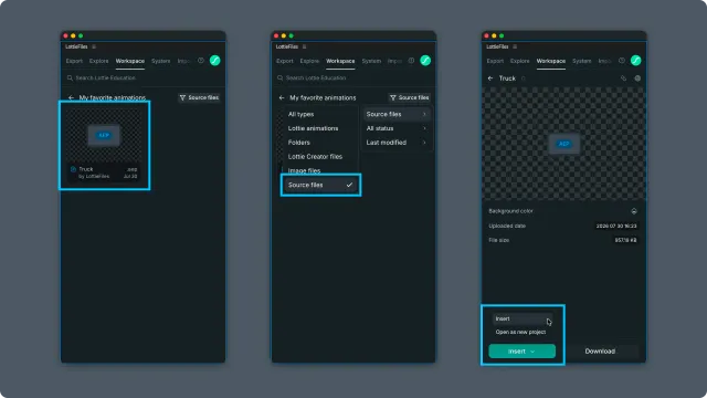 Sequence showing an AEP source file card, the Source files filter, and the AEP detail view with Insert options