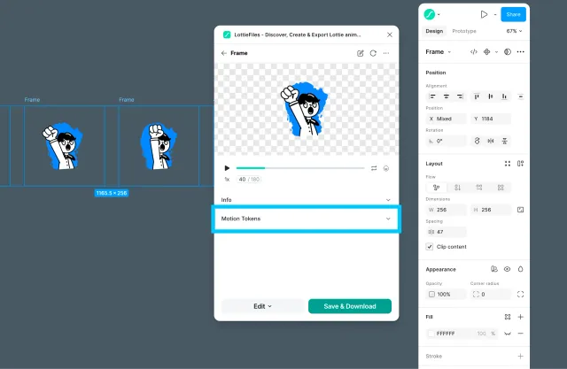 LottieFiles Figma plugin with the Motion Tokens panel highlighted below the animation preview