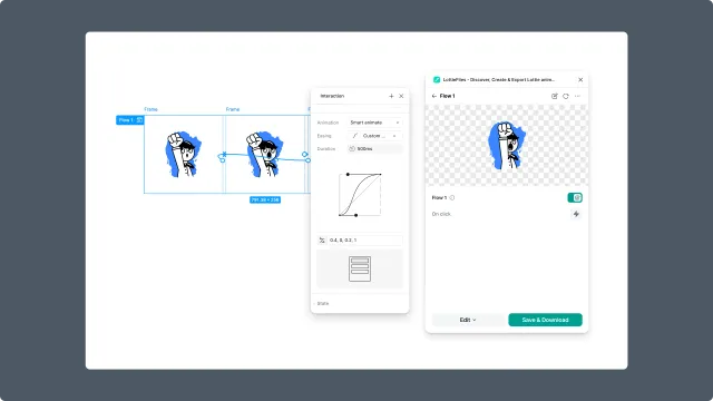 Figma prototype frames with the LottieFiles plugin showing an interactive state machine export preview