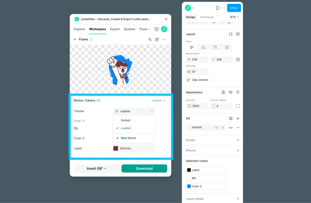 Motion Tokens panel with a custom theme selected after editing token values