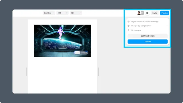 Framer canvas with a Lottie animation and the Publish controls open
