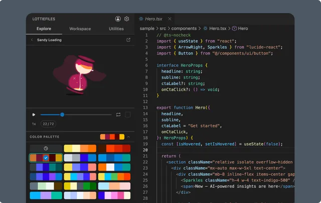 Animation preview and color palette customization inside the LottieFiles VS Code extension