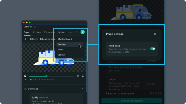 After Effects plugin account menu with Settings selected and the Plugin settings Auto-save toggle highlighted