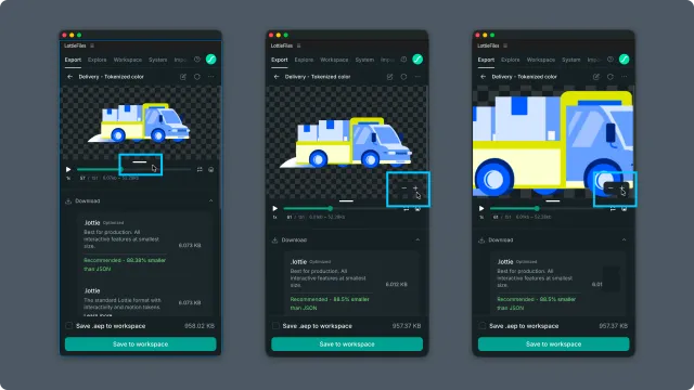 Three After Effects plugin preview states showing the resize handle, hover zoom controls, and an enlarged animation