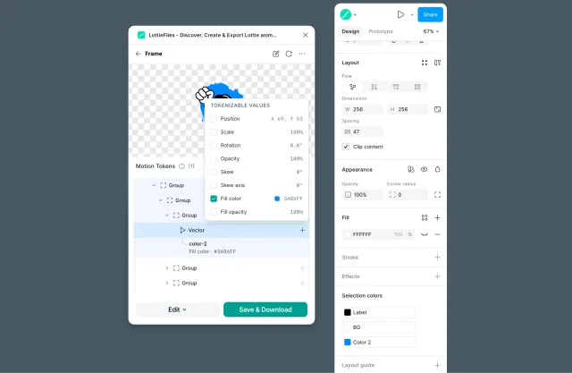 Motion Tokens panel showing tokenizable values for a selected vector layer