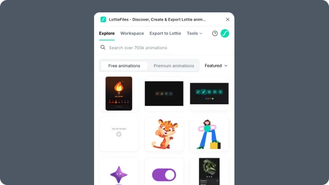 Explore panel with search, Free and Premium tabs, Featured filter, and animation grid visible