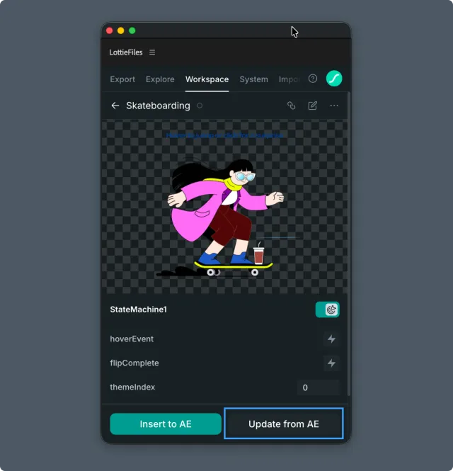 After Effects plugin Workspace file detail view with Insert to AE and Update from AE buttons