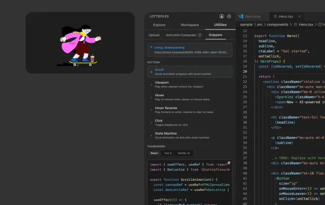 Lottie JSON developer tooling and diagnostics inside VS Code
